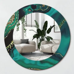 Miroir Rond Cadre Verre Imprimé Wallfluent fi50 cm Marbre Émeraude Petit Modèle Tendance Design Glamour