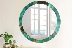 Miroir Rond Cadre Verre Imprimé Wallfluent fi90 cm Marbre Émeraude Grand Modèle Tendance Design Glamour