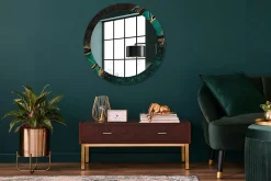 Miroir Rond Cadre Verre Imprimé Wallfluent fi80 cm Vert Marbre Décoratif Modèle Tendance Design Glamour
