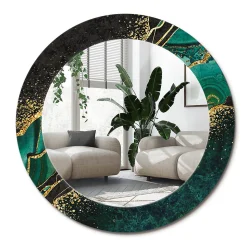 Miroir Rond Cadre Verre Imprimé Wallfluent fi90 cm Vert Marbre Grand Modèle Tendance Design Glamour
