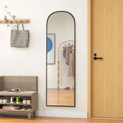 Miroir sur pied - miroir mural rectangulaire arrondi - dim. 50L x 161,5H cm - alu. noir