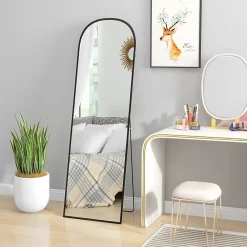 Miroir sur pied - miroir mural rectangulaire arrondi - dim. 50L x 161,5H cm - alu. noir