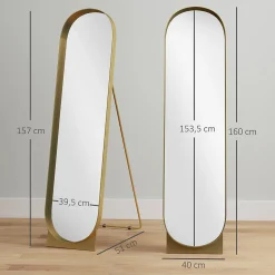 Miroir sur pied design métal doré dim. 40 x 160 cm autoportant ou à adosser