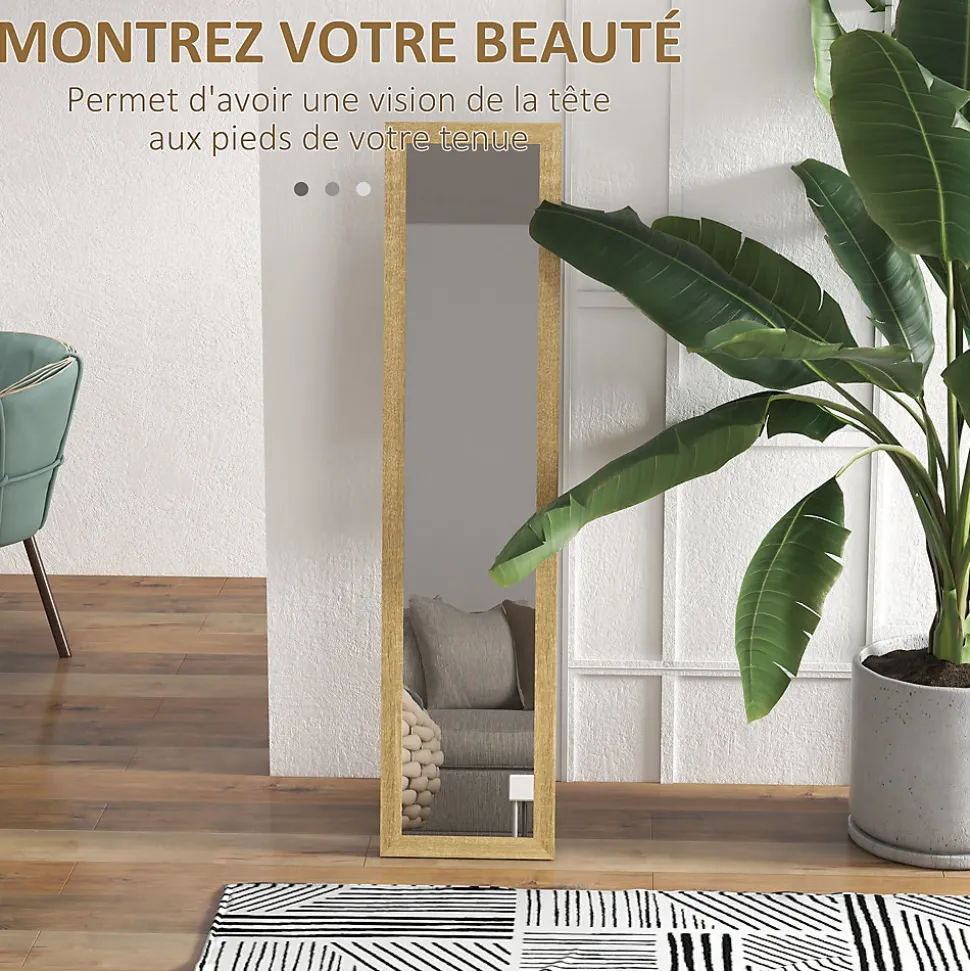 Miroir sur pied et mural rectangulaire dim. 37L x 40l x 157H cm piètement métal noir aspect chêne clair