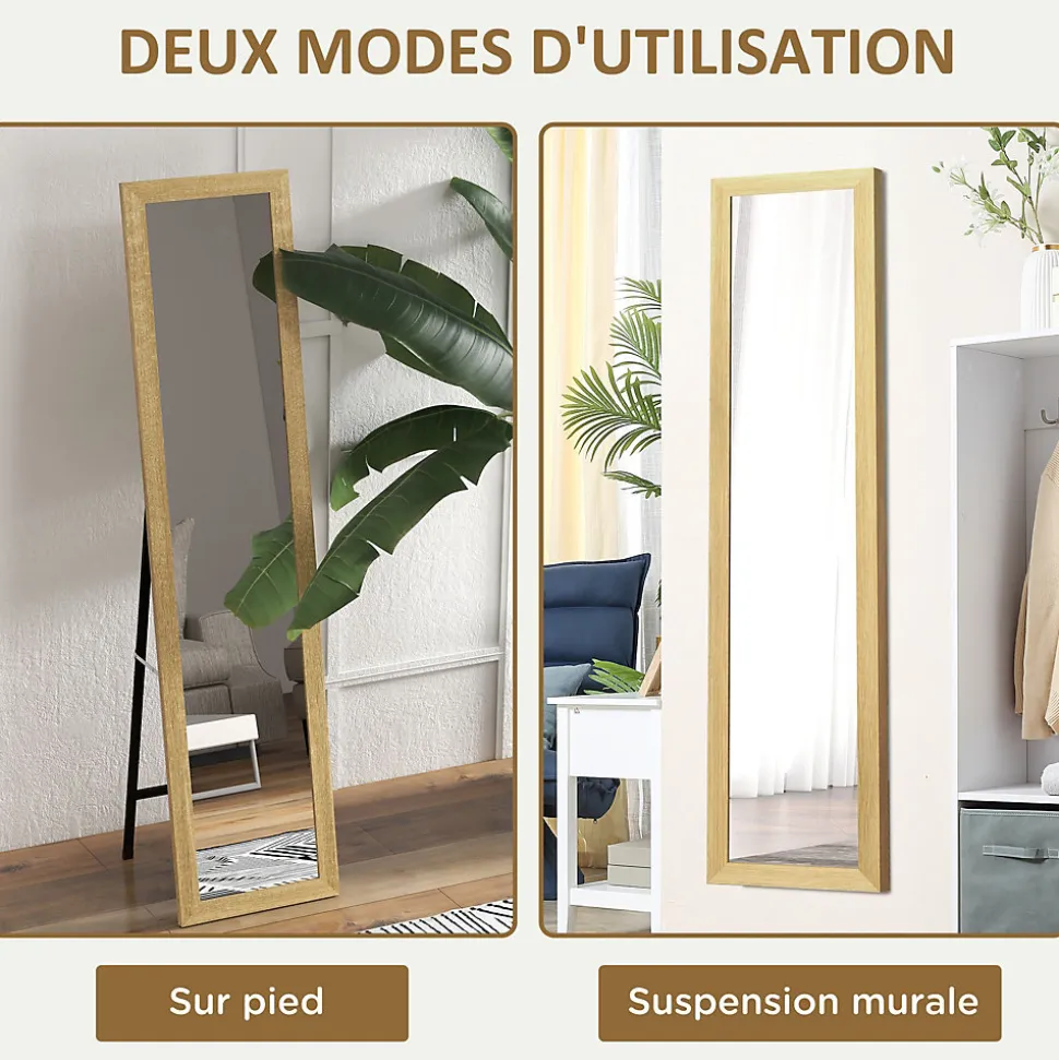 Miroir sur pied et mural rectangulaire dim. 37L x 40l x 157H cm piètement métal noir aspect chêne clair