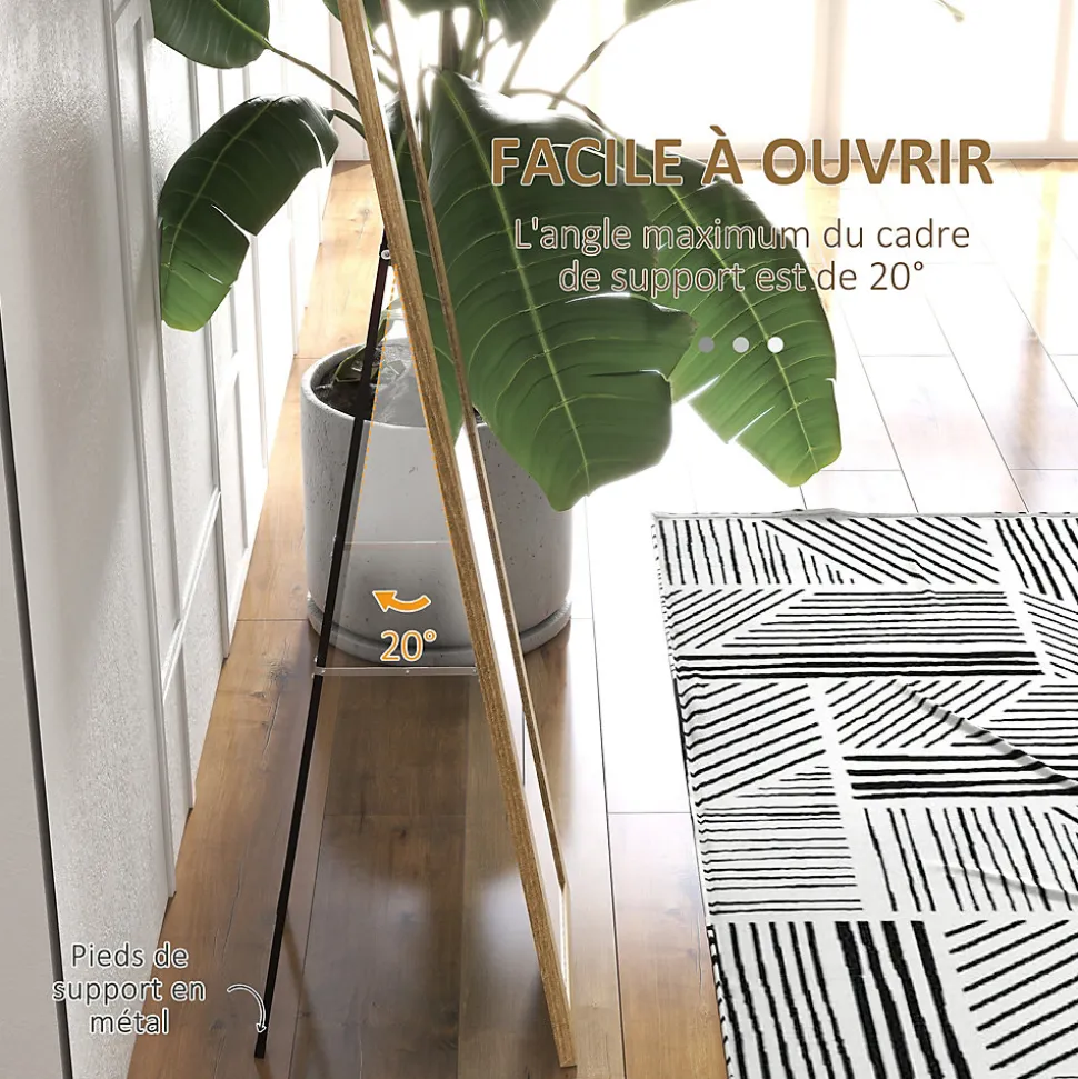 Miroir sur pied et mural rectangulaire dim. 37L x 40l x 157H cm piètement métal noir aspect chêne clair