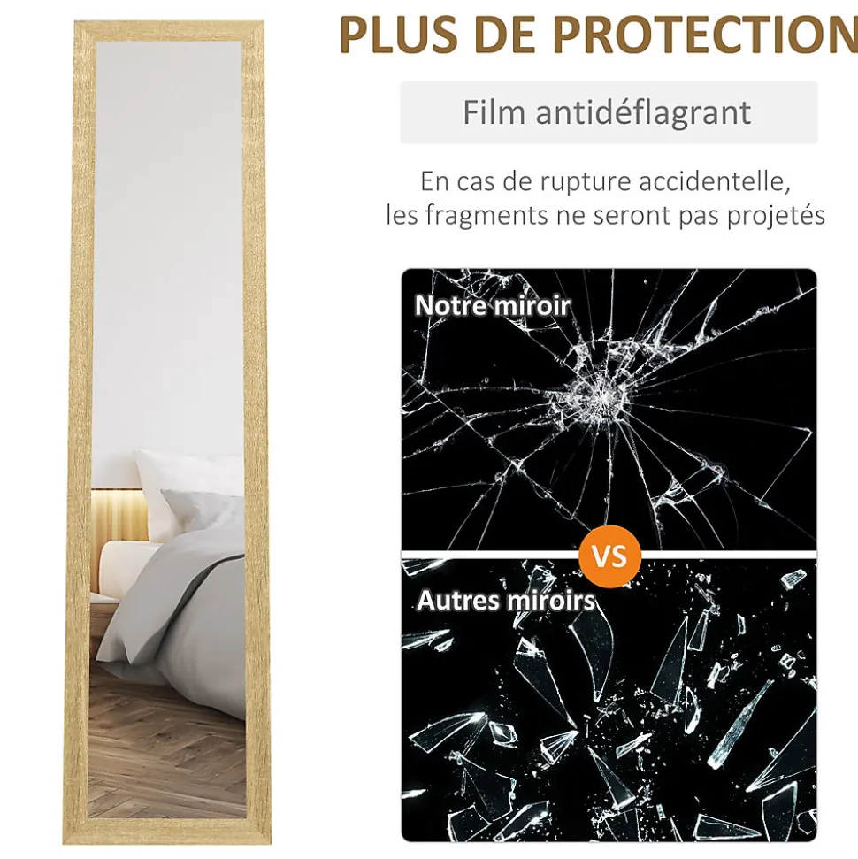 Miroir sur pied et mural rectangulaire dim. 37L x 40l x 157H cm piètement métal noir aspect chêne clair