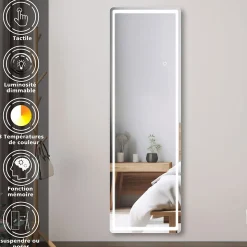 Miroir sur pied LED 40 x 160 cm (L x H), gradation infinie + 3 couleurs + fonction mémoire miroir pleine longueur, AICA SANITAIRE