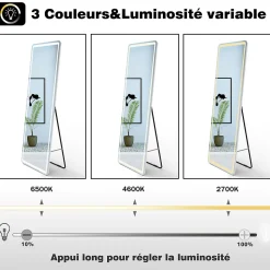 Miroir sur pied LED 40 x 160 cm (L x H), gradation infinie + 3 couleurs + fonction mémoire miroir pleine longueur, AICA SANITAIRE