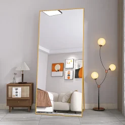 Miroir sur Pied 180x80 cm, Cadre Aluminium Doré, Miroir Mural Moderne à Poser ou Suspendre