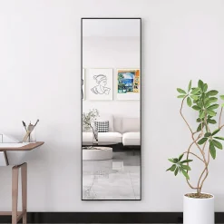 Miroir sur Pied 150x40 cm, Cadre Aluminium Noir, Miroir Mural Moderne à Poser ou Suspendre