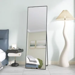 Miroir sur Pied 162x53 cm, Cadre Aluminium Noir, Miroir Mural Moderne à Poser ou Suspendre