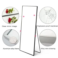 Miroir sur Pied 162x53 cm, Cadre Aluminium Noir, Miroir Mural Moderne à Poser ou Suspendre