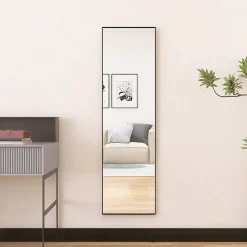 Miroir sur Pied 140x40 cm, Cadre Aluminium Noir, Miroir Mural Moderne à Poser ou Suspendre