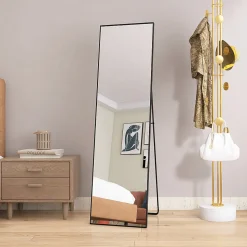 Miroir sur Pied 140x40 cm, Cadre Aluminium Noir, Miroir Mural Moderne à Poser ou Suspendre