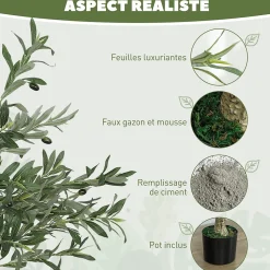 Olivier artificiel H.120 cm - grand réalisme - 450 feuilles en soie, 20 olives - mousse effet lichen pot inclus