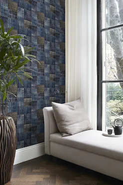 Origin Wallcoverings papier peint motif kilim taupe et bleu - 53 cm x 10.05 m - 347466