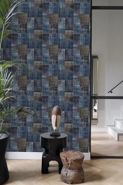 Origin Wallcoverings papier peint motif kilim taupe et bleu - 53 cm x 10.05 m - 347466