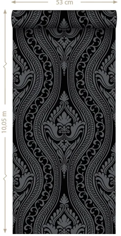 Origin Wallcoverings papier peint à dessin baroque en velours noir - 53 cm x 10.05 m - 346602