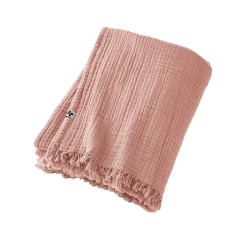 OUREA - Plaid à Franges 130x160cm 4 Epaisseurs Gaze de Coton Rose Pêche
