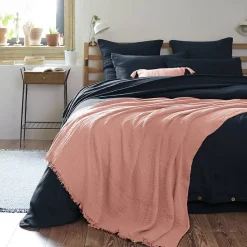 OUREA - Plaid à Franges 130x160cm 4 Epaisseurs Gaze de Coton Rose Pêche
