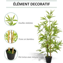 Outsunny Bambou artificiel hauteur 1,2 m 369 feuilles denses réalistes pot inclus noir avec lichen vert