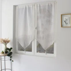 Paire de petits rideaux aspect lin finition pointe (60x160 cm - Blanc)