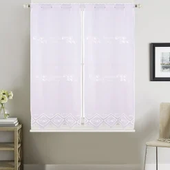 Paire de petits voilages de cuisine dentelle motif café latte (60x160 cm - Blanc)
