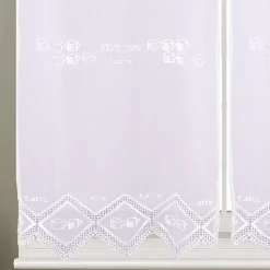 Paire de petits voilages de cuisine dentelle motif café latte (60x160 cm - Blanc)