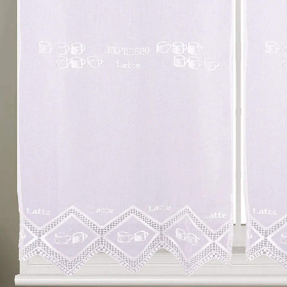 Paire de petits voilages de cuisine dentelle motif café latte (60x160 cm - Blanc)