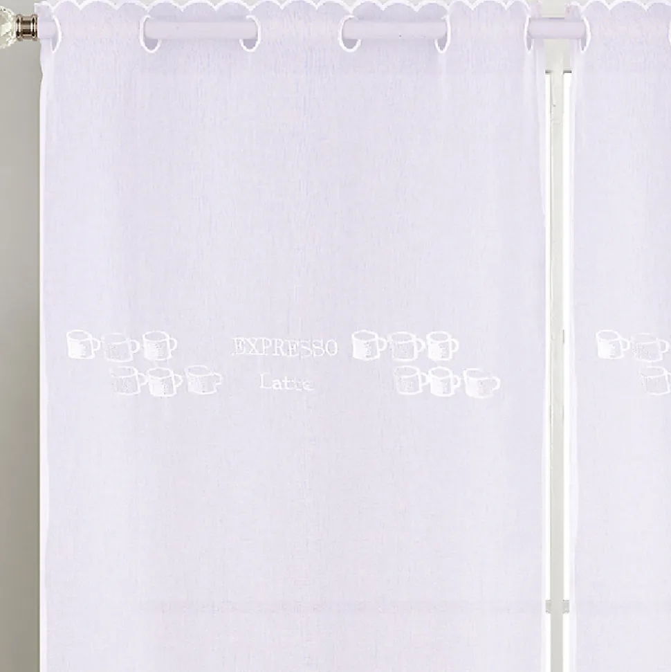 Paire de petits voilages de cuisine dentelle motif café latte (60x160 cm - Blanc)