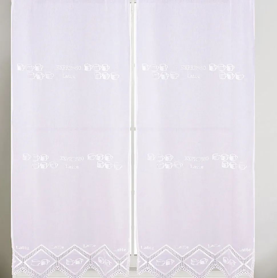 Paire de petits voilages de cuisine dentelle motif café latte (60x160 cm - Blanc)