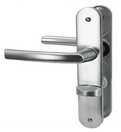 Paire de poignées de porte sur plaques aluminium 190 mm avec verrou et voyant de condamnation Bricard