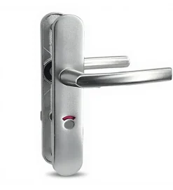 Paire de poignées de porte sur plaques aluminium 190 mm avec verrou et voyant de condamnation Bricard