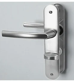 Paire de poignées de porte sur plaques aluminium 190 mm avec verrou et voyant de condamnation Bricard