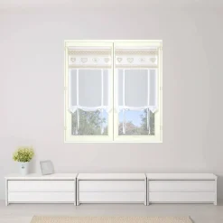 Paire de stores en étamine avec motifs cœurs, 60x160cm, finition passe-tringle, blanc et lin
