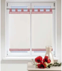 Paire de Vitrage en lin avec brides en petits carreaux style bistrot - 45x90cm - Rouge
