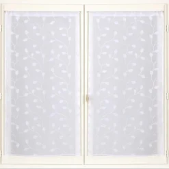 Paire de vitrage tamisant étamine à pattes broderie feuillage blanc L.160 x l.60cm Dylrev