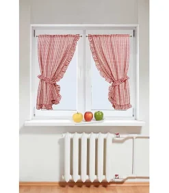 Paire de voilage bonne femme à petits carreaux rouge et à volant - 75x160cm - Rouge