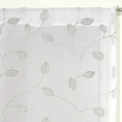 Paire de voilages brodés feuilles gris 60x160cm, finition passe-tringle.