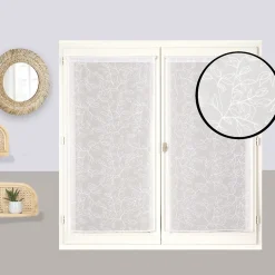 Paire de voilages brodés feuilles 60x160cm - Finition passe-tringle - Blanc.