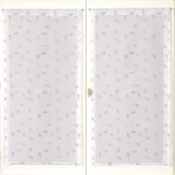 Paire de voilages brodés feuilles en gris 60x120cm, prêts à poser.