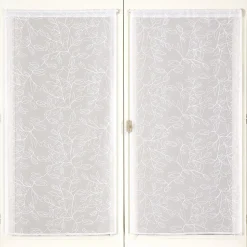 Paire de voilages brodés feuilles pour fenêtres, 60x90cm, blanc, prêts à poser.