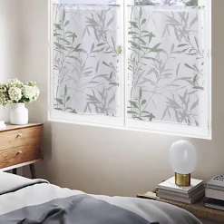 Paire de Voilages Dévoré Feuilles de Bambou 60x160cm - Finition Passe-Tringle, Vert.