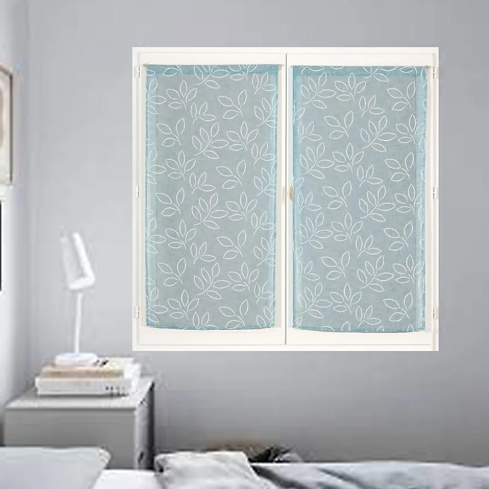 Paire de Voilages en Lin Imprimé Gomme - Finition Passe-Tringle 60x120cm Bleu Dylrev