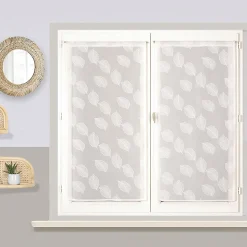 Paire de voilages imprimé gomme, vitrage finition passe-tringle, 60x90cm prêts à poser, blanc.