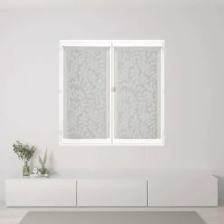 Paire de voilages imprimés feuilles gris 60x120cm, finition passe-tringle pour une décoration élégante