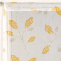 Paire de voilages imprimés feuilles en polyester 60x90cm, jaune, finition passe-tringle.