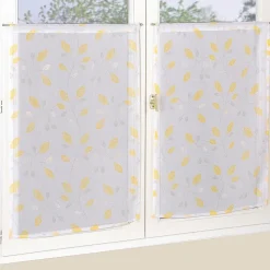 Paire de voilages imprimés feuilles en polyester 60x90cm, jaune, finition passe-tringle.