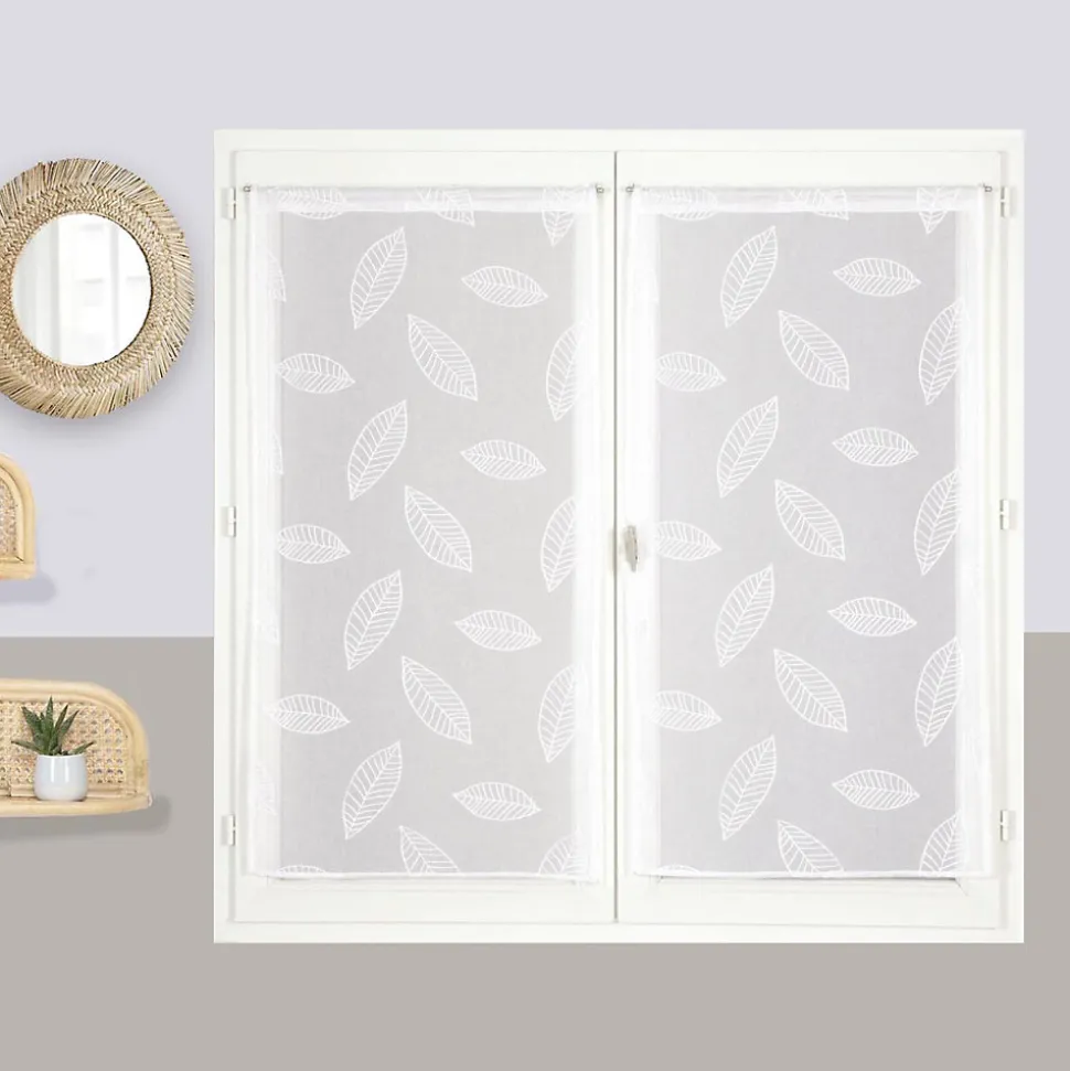 Paire de Voilages Élégants Motif Feuilles, 60x160 cm, Finition Passe-Tringle en Blanc